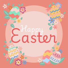 Happy easter greeting card with decorated eggs and flowers framing round copy space