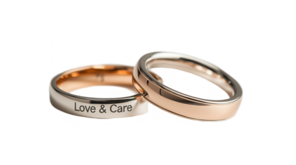Parents Day PNG file featuring a pair of wedding rings with engraving "Love and Care," isolated on white background