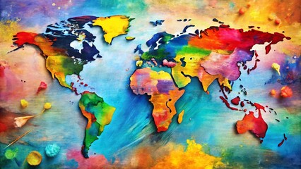 Whimsical World Map Travel Illustration with Paintbrush Strokes - Artistic Global Adventure