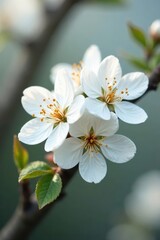 Close-up of pristine white cherry blossoms, exquisite detail , photography, peaceful