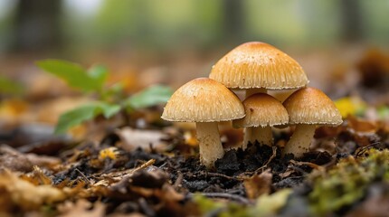 Close-up of mushrooms in a forest with foliage and natural light bokeh background