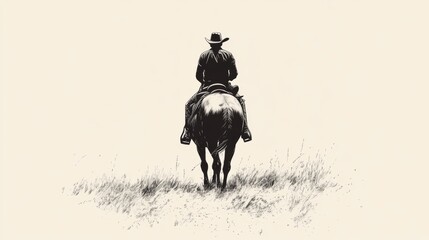 Lone cowboy riding horse, prairie background, western solitude, illustration