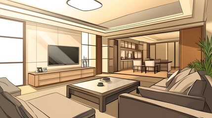 Modern living room with clean, minimal design and natural light, embodying simplicity and elegance