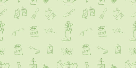 Vector seamless pattern of gardening tools for planting plants, spring flowers and garden insects. Green outline cute texture in doodle flat style on topic of gardening, farming