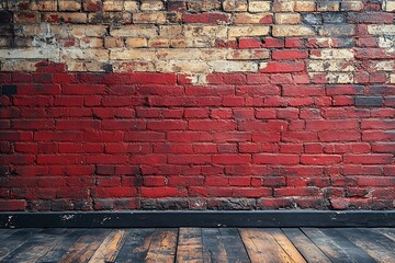 Fototapeta premium Rustic Red Brick Wall with Aged Wooden Floor