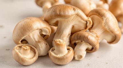 Fresh brown mushrooms on light surface highlighting natural texture and organic beauty