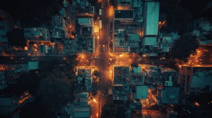 Aerial view of a bustling city intersection at night