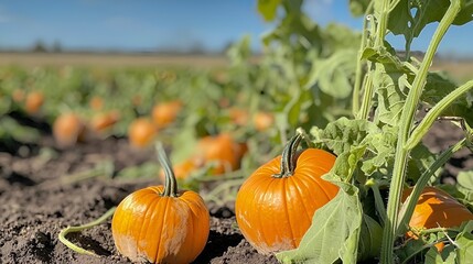 Autumn pumpkin patch harvest, sunny field background; fall decor