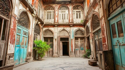 Old courtyard home, weathered, colorful doors, courtyard, ornate architecture