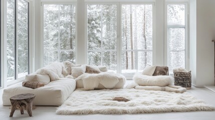 A bright interior living room with a winter forest view