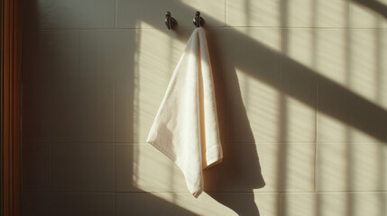 Towel hanging on hooks in a sunlit bathroom.