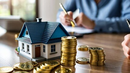 Conceptual image of a miniature house model surrounded by stacks of golden coins representing real estate investment, financial growth, and wealth management with a blurred background 