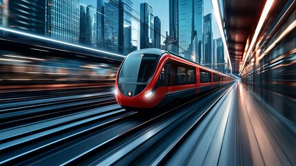 Fototapeta premium A red and black train traveling through a city at night
