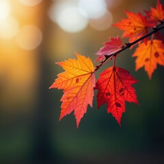 Obraz premium Crisp autumn leaves in vibrant reds and oranges cling to a bare branch , wood, vibrant, leaves on branch