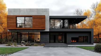 A modern house with a fire place in the middle of the yard