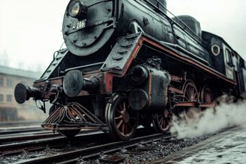 Naklejka premium Vintage steam locomotive emits steam as it rests on the tracks, showcasing intricate details of its iron structure and wheels on a foggy day.
