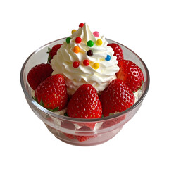 Bowl of Strawberry Ice Cream Sundae with Whipped Cream and Candy Sprinkles on transparent background