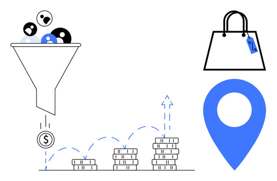 Funnel filtering users into revenue, stacks of coins showing growth, shopping bag, large map pin. Ideal for marketing, e-commerce, sales strategy, customer journey, location-based marketing business