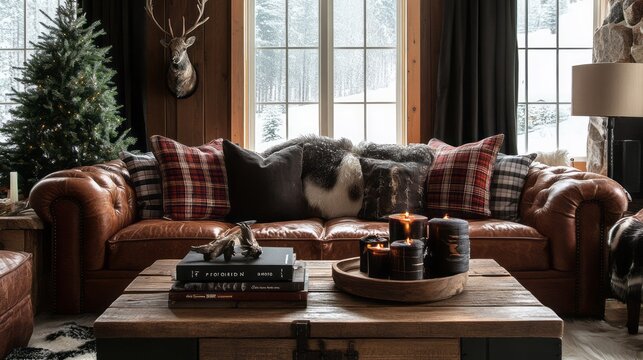 Cozy cabin interior showcases holiday spirit and rustic design