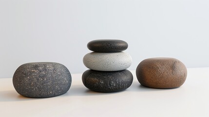 A set of three stacked, smooth meditation stones resting on a plain white background, showing their subtle textures.