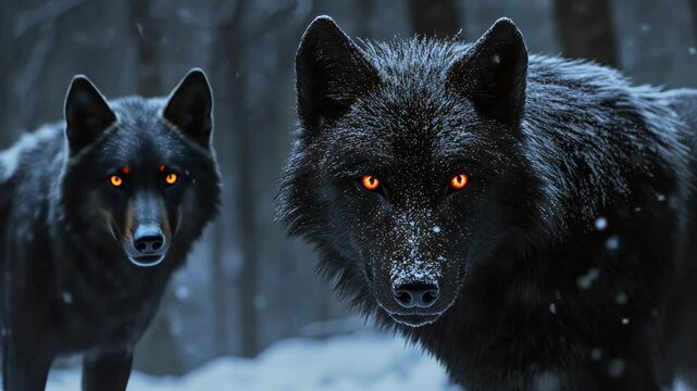 Mysterious black wolves with glowing orange eyes explore a snowy forest under moonlight