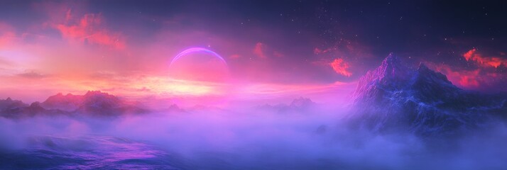 Naklejka premium Misty blue mountains bathed in soft pastel hues during a vibrant sunrise