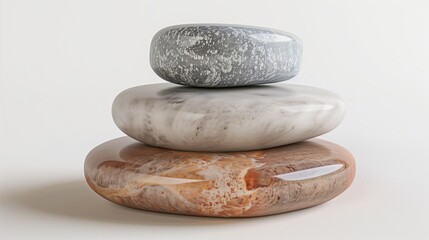 A set of three stacked, smooth meditation stones resting on a plain white background, showing their subtle textures.