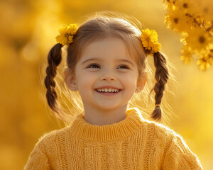 Fototapeta premium A cheerful little girl smiling in a yellow sweater with flowers in her hair, set against a warm, golden autumn background, symbolizing happiness, innocence, and joy.