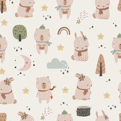 Fototapeta premium seamless pattern with cats Seamless Pattern Design with Adorably Drawn Bunnies and Bears for Kids – Featuring Stars, Rainbows, and Trees in the Background – Perfect for Home Textiles, Fabric and birds
