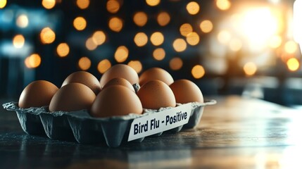 Close-up of brown eggs in an egg carton with blurred lights for dramatic effect