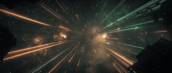 Laser beams shoot from spaceships in an interstellar battle with vibrant green and orange light streaks across the cosmos