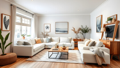 Cosy and stylish interior design of living room with modular white sofa, wooden furnitures, paintings on the wall, decorations, windowsill and personal accessories. Home styling. Template, dinamic s