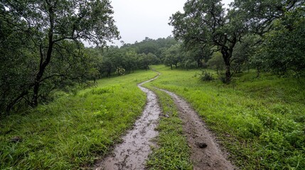 Obraz premium Winding dirt road through lush green forest after rain. Possible use Nature photography stock image