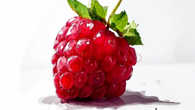 Ripe raspberry with glistening surface and fresh green leaves on white background during bright daylight