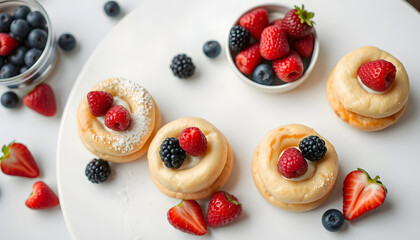 Tasty puff pastries with berries on white table, top view, Dreamy. with white shades