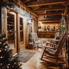 Rustic porch decorated for christmas with rocking chairs awaits guests