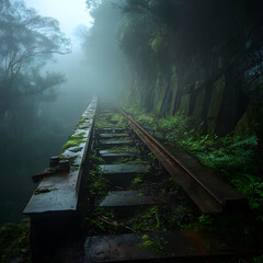 Naklejka premium An abandoned train track disappearing into the fog, creating a haunting atmosphere.