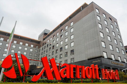 Front view of the entrance of the Marriot Hotel in Milan, on a grey day, Milan, February 3, 2017