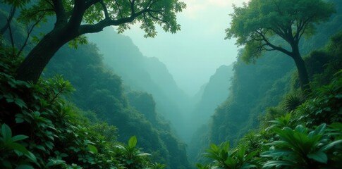 Fototapeta premium Deep emerald canopy veiled in swirling fog, serene jungle vista , beauty, serene, light