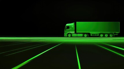 Green truck driving on the road with glowing lines in front against a dark background, symbolizing environmentally conscious delivery, green delivery, eco packaging, and green transportation