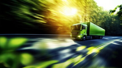Green truck driving on the highway with sunlight shining through leaves, symbolizing environmentally conscious delivery, green delivery, eco packaging, and sustainable transportation