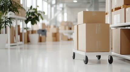 Cardboard box sitting atop orange hand truck inside warehouse, representing streamlined logistics and cargo transportation workflow