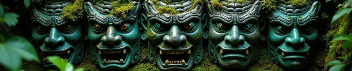 Fototapeta premium Deeply carved demon faces, lush moss backdrop, Bali , detail, art