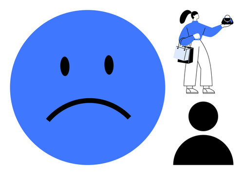 Large blue sad face expressing unhappiness. Female character carrying shopping bags studies item in hand. Black silhouette of generic person. Ideal for emotions, shopping stress, decision making