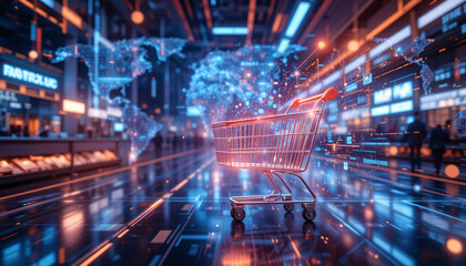 Obraz premium A modern digital marketplace with glowing data streams, global transactions happening in real-time, and a futuristic shopping cart concept visualizing seamless online purchases.