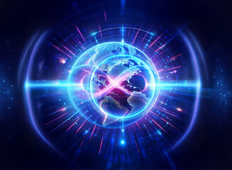 Obraz premium A glowing globe is at the center, radiating vibrant blue and pink lines. Concentric rings encircle it, creating a futuristic, energetic design against a dark backdrop.