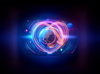 Obraz premium A glowing globe surrounded by neon pink and blue lights and arrows on a dark background. Digital elements orbit the earth in a futuristic tech style, creating a vibrant and dynamic image.