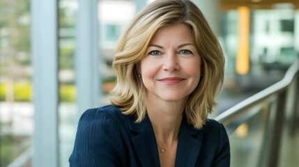 Businesswoman in office lobby, soft light, modern backdrop, conveying professionalism and focus