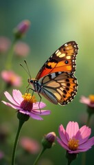 Fototapeta premium Delicate painted lady butterfly amidst wildflowers, yellow, lepidoptera, close-up