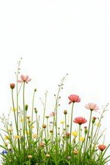Delicate meadow grasses and wildflowers, stems intertwined, isolated on white , stems, greenery